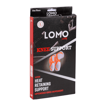 LOMO Knee Support packaging display showcasing the sleek and modern design of the box, highlighting the product's features and benefits for enhanced knee comfort and stability